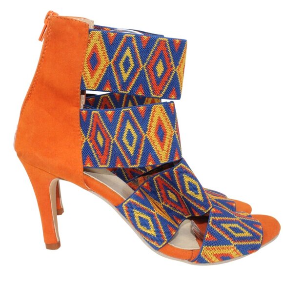Tribal Gladiator 9.5M Blue Orange Multicolored Ankle Strap Zipper Accent Heels - Picture 4 of 7